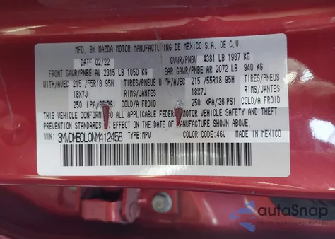 2022 Mazda Cx-30 Premium z USA, uszkodzony, nr VIN 3MVDMBDL0NM412458